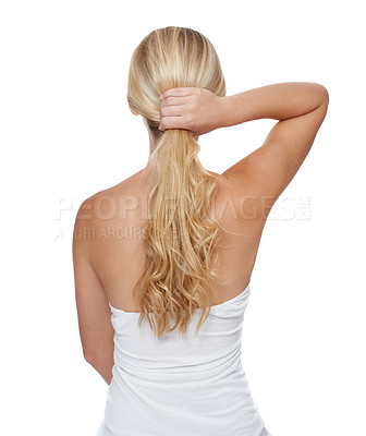 Buy stock photo Rear view, woman and beauty in studio for hair care with keratin treatment, shampoo shine and mock up. Model, person and soft hairstyle, texture and cosmetology at hairdresser on white background
