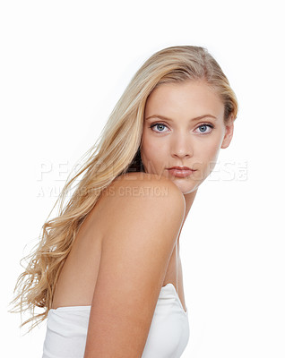 Buy stock photo Woman, portrait and beauty with shampoo in studio for hair care, keratin treatment and cosmetics shine. Model, person and mockup space with skincare, collagen texture or hairstyle on white background