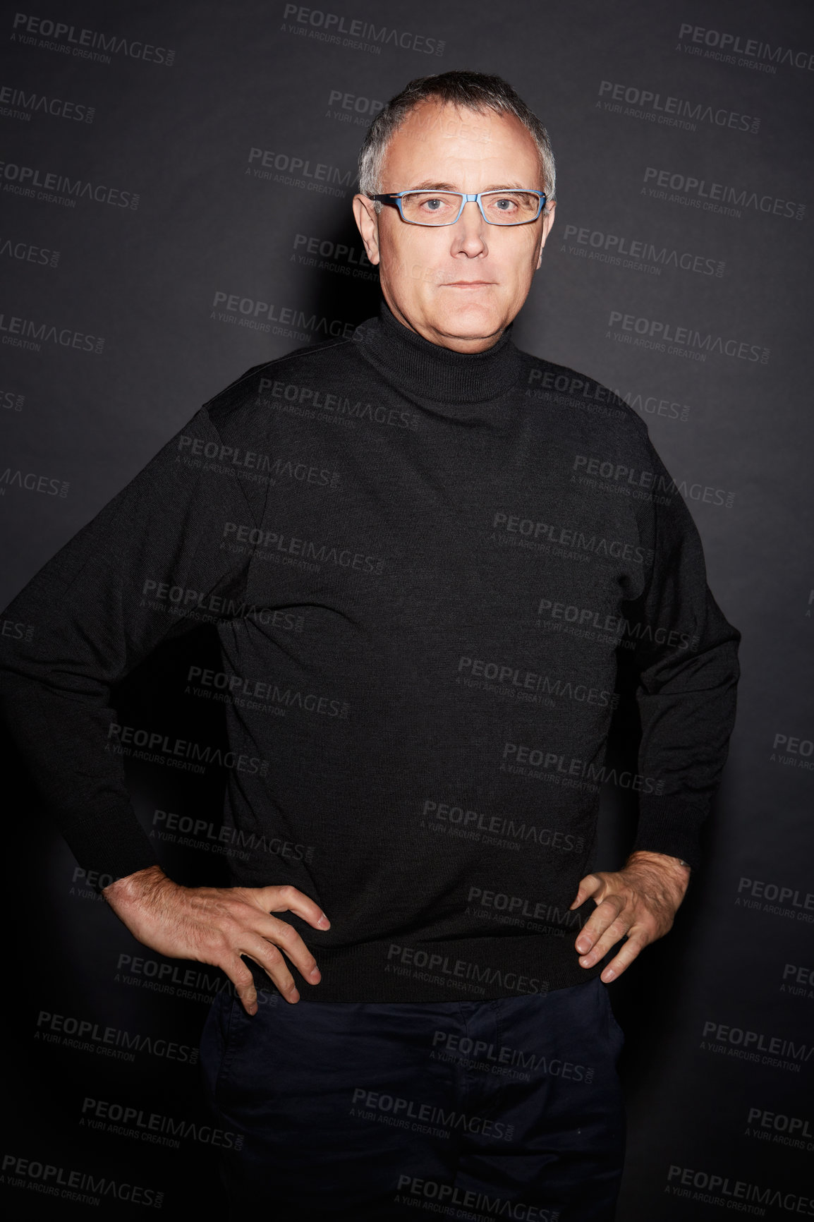 Buy stock photo Portrait of mature man in studio with confidence, glasses and dark fashion style in retirement. Pride, relax and senior person isolated on black background with expert knowledge, mystery and wisdom.