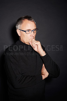 Buy stock photo Senior man, thinking and ideas with decision, choice and confident guy on a dark studio background. Mature person, mockup space and model with glasses, wonder and thoughts with planning or retirement