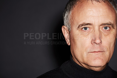 Buy stock photo Portrait of mature man in studio with serious face, confidence and wise in dark space. Pride, relax and senior businessman ceo isolated on black background with expert knowledge, mockup and wisdom.