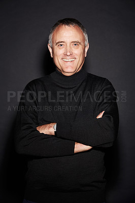 Buy stock photo Portrait, smile and senior man with arms crossed, confident and wellness against a dark studio background. Face, happy male person and mature model with happiness, retirement and carefree with joy