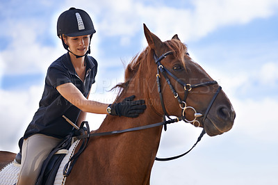 Buy stock photo Love, horse riding or equestrian in countryside or outdoor with rider or jockey for recreation or adventure. Relax, sport or woman with healthy pet animal for training, exercise or wellness on farm 