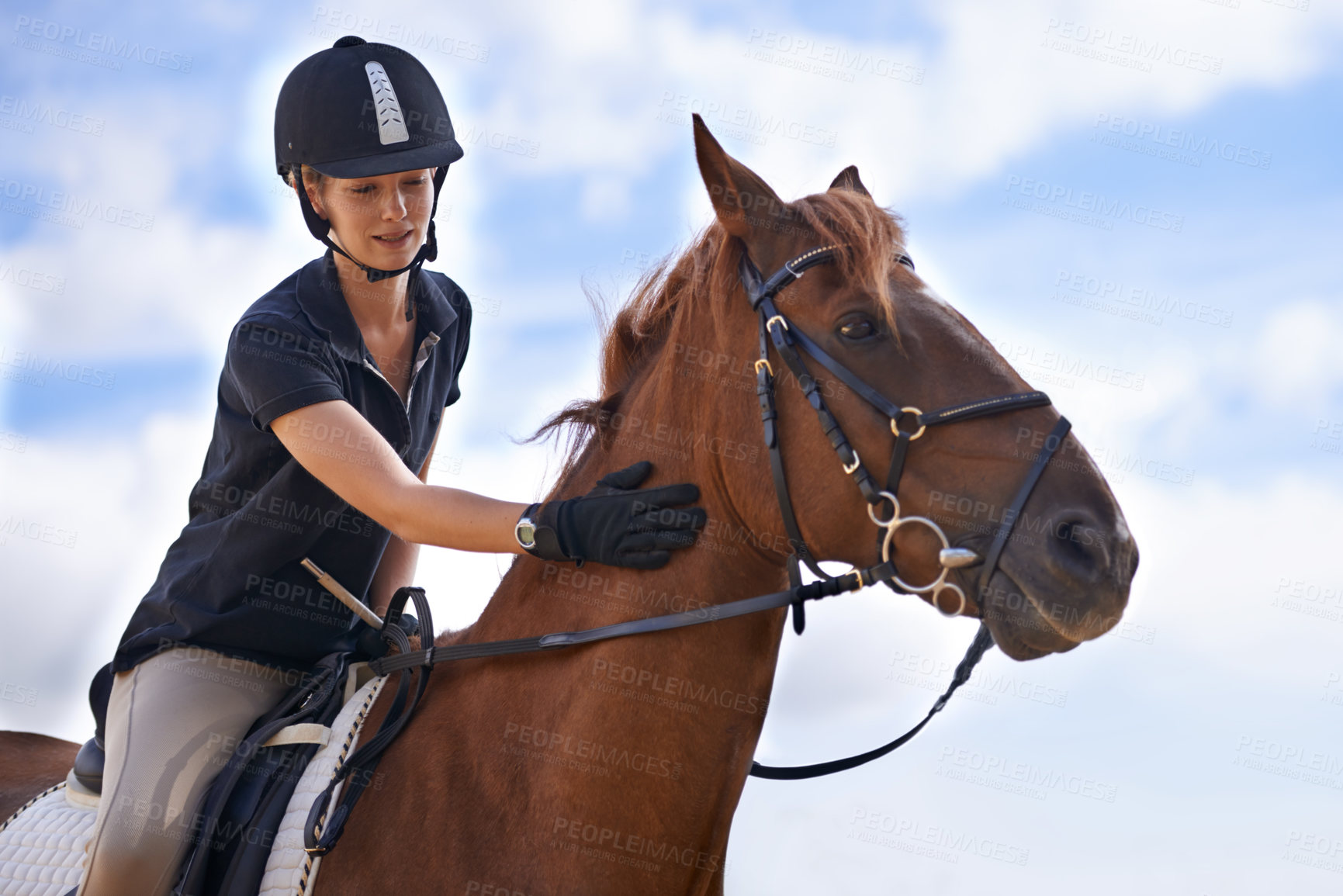 Buy stock photo Love, horse riding or equestrian in countryside or outdoor with rider or jockey for recreation or adventure. Relax, sport or woman with healthy pet animal for training, exercise or wellness on farm 