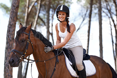 Buy stock photo Portrait, horse riding or equestrian in nature or countryside with rider or jockey for recreation or adventure. Happy, love or woman with healthy pet animal for training, exercise or wellness on farm