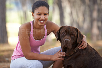 Buy stock photo Woman, dog or bonding in nature fitness, workout or training in countryside woods, Brazilian garden park or forest trail. Runner portrait, happy smile or pet labrador retriever in wellness exercise