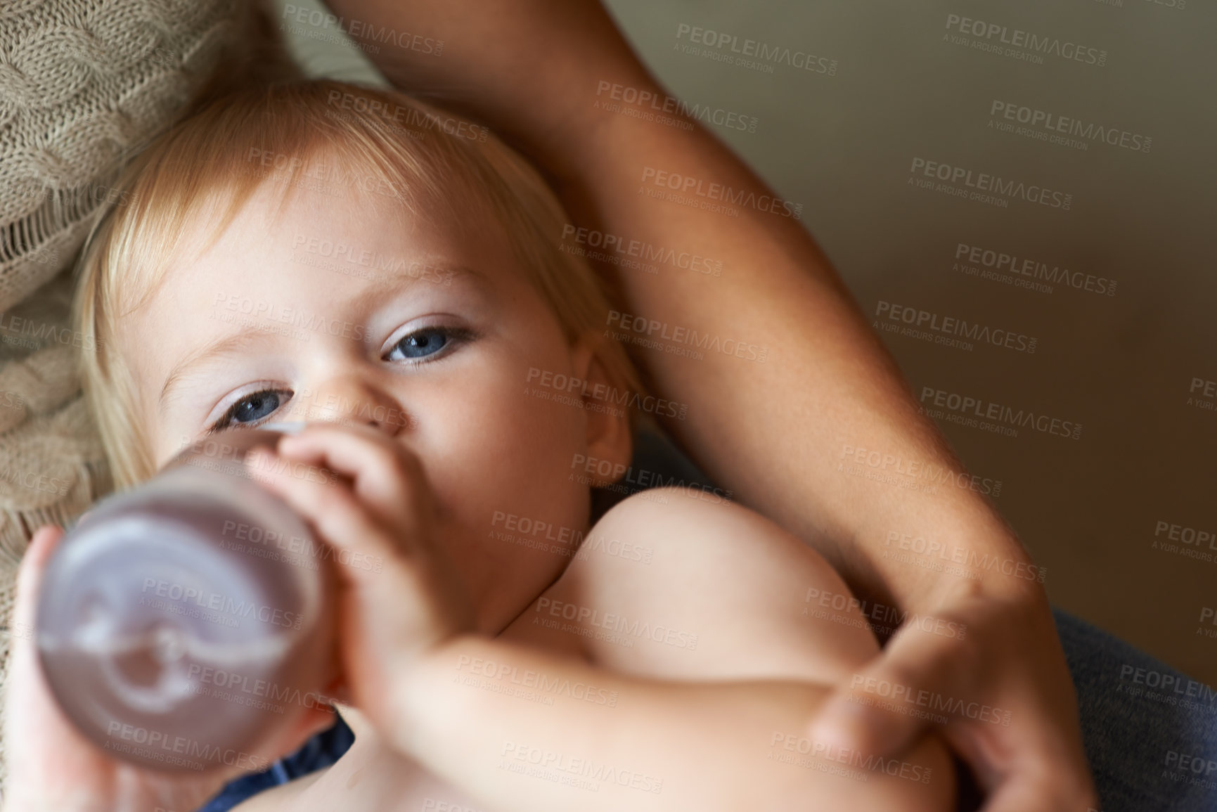Buy stock photo Relax, portrait and baby drinking bottle and laying with mother for nap time with refreshing tea. Cute, sweet and infant, kid or toddler enjoying beverage for nutrition, health and child development.
