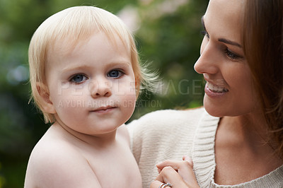Buy stock photo Outdoor, mom and portrait with baby, love and support in garden or backyard. Infant, bonding and relax with mother in nature together and holding kid with care in hug or embrace in environment