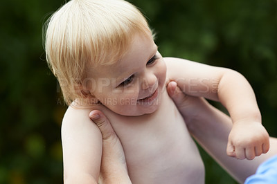 Buy stock photo Toddler, mother and playing outdoor for development with nurture, relationship and bonding for happiness. Family, child or baby and hands with early childhood, parenting and love at park in nature