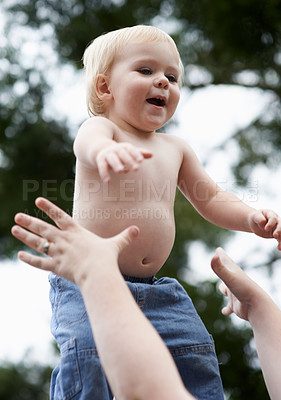 Buy stock photo Toddler, mother and playing outdoor for development with nurture, relationship and bonding for happiness. Family, child or baby and hands with early childhood, parenting and love at park in nature