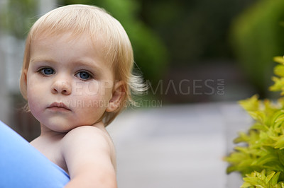 Buy stock photo Baby, portrait and mother outdoor for development with love, curiosity or early childhood in backyard of home. Toddler, child or relax for wellness, milestone and exploring with innocence and bonding