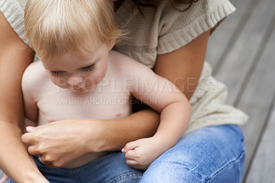 Buy stock photo Baby, closeup and mom hug boy with love and comfort outdoor in morning or home. Infant, kid and mother bonding in embrace with care, kindness and support for development of relationship as family