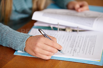 Buy stock photo Hands, teacher and marking a test with education, review and feedback in a classroom, learning and study. Person, educator or woman with pen, checking exams or writing with results, closeup or school