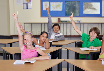 Buy stock photo Students, classroom portrait and raise hands for questions, education or learning for geography quiz in school. Happy youth, group or smart kids for teaching support, class ideas and answer or advice