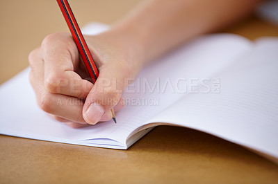 Buy stock photo School, notebook and hand of child writing on desk with pencil, notes and learning for education. Paper, closeup and student to start study on table in class with knowledge or information from lesson