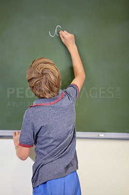 Buy stock photo Child, chalkboard and school writing with education, cursive and answer for learning. Back, knowledge and kid development in a study lesson with student in a classroom with chalk and solution