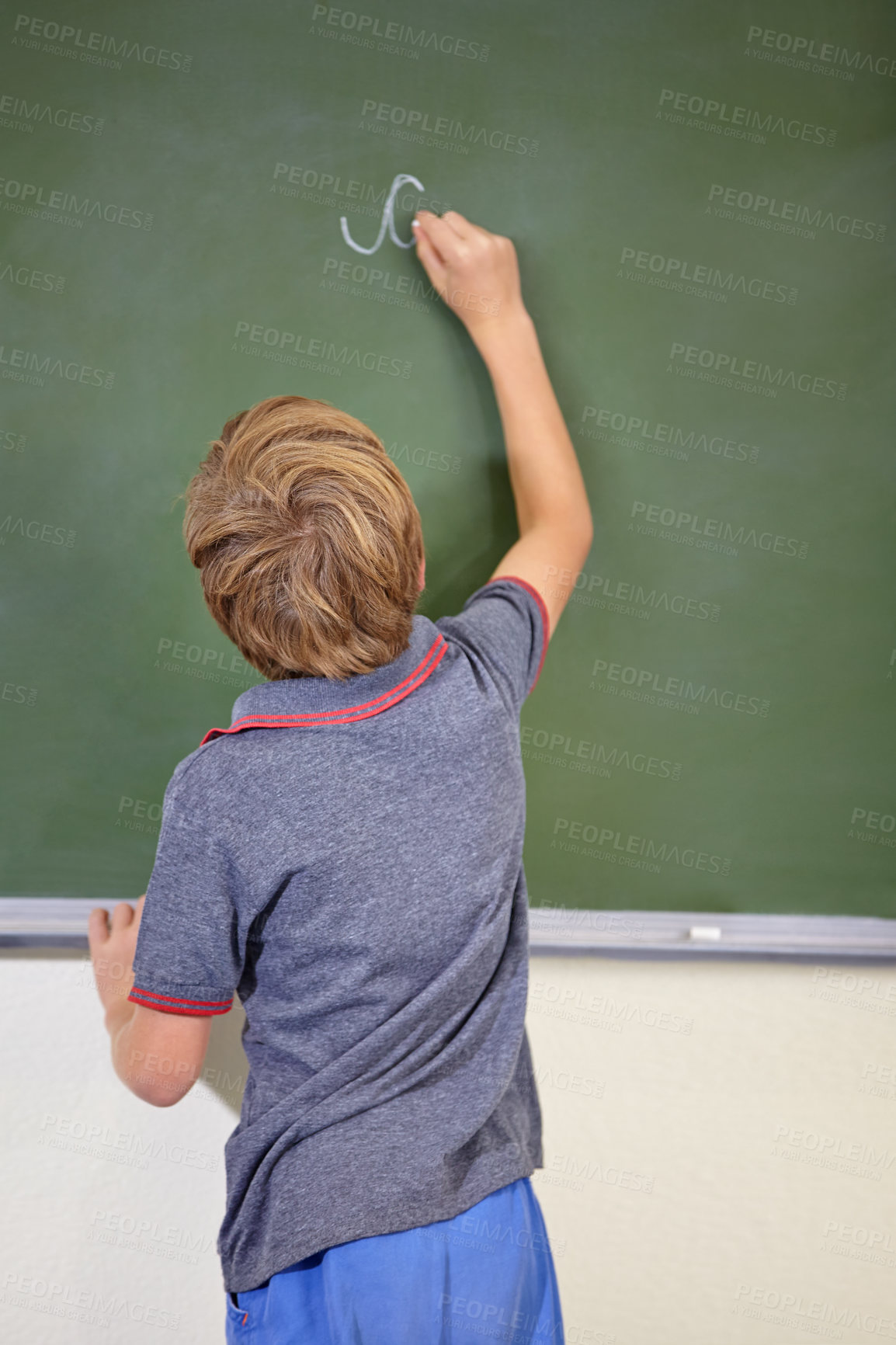 Buy stock photo Child, chalkboard and school writing with education, cursive and answer for learning. Back, knowledge and kid development in a study lesson with student in a classroom with chalk and solution