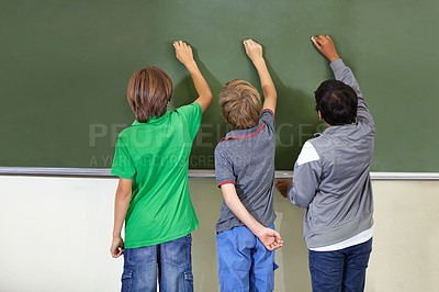 Buy stock photo Children, chalkboard and school drawing with education, writing and answer for learning. Back, knowledge and youth development in a study lesson with students in classroom with chalk and solution