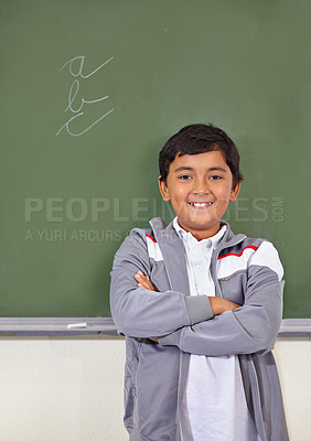 Buy stock photo Portrait, kid or boy student by chalkboard for knowledge, education or development for future growth. Scholarship, smile or happy child ready for studying, back to school or learning in classroom