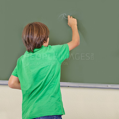 Buy stock photo Boy, chalkboard and school writing with kid education, cursive and answer for learning. Back, knowledge and student development in a study lesson with child in classroom with chalk and solution