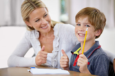 Buy stock photo Portrait, child and teacher with thumbs up in classroom, smile and pencil. Happiness, educator and student with hand gesture for like emoji, agreement and learning in elementary school for education.