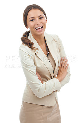 Buy stock photo Happy business woman, portrait and laughing in confidence for funny joke on a white studio background. Face of young female person or employee smile with arms crossed in fashion, humor or style