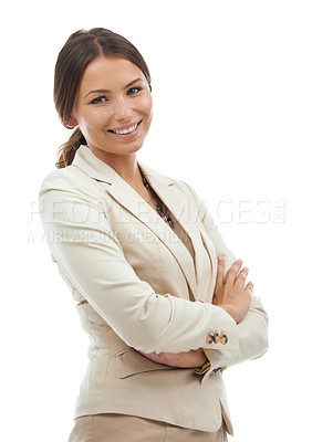 Buy stock photo Business, crossed arms and portrait of happy woman on a white background with pride, confidence and ambition. Professional, corporate and isolated worker for career, job and opportunity in studio 