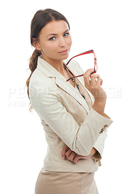 Buy stock photo Portrait, business and woman with glasses, career and confident girl isolated on a white studio background. Person, employee and worker with eyewear, attitude and professional with  startup or worker