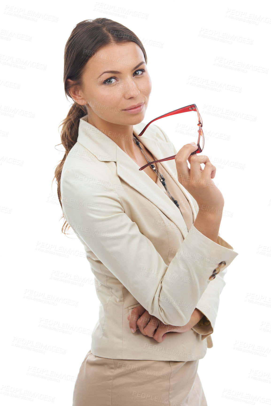 Buy stock photo Portrait, business and woman with glasses, career and confident girl isolated on a white studio background. Person, employee and worker with eyewear, attitude and professional with  startup or worker