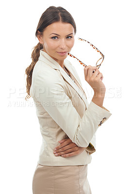 Buy stock photo Businesswoman, portrait and glasses in studio for company confidence for corporate management, professional or white background. Female person, face and model as consultant, employee or mockup space