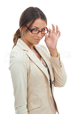 Buy stock photo Glasses, portrait and business woman on a white background for vision, eyesight and ambition. Professional, corporate and worker with spectacles or frames for career, job and opportunity in studio