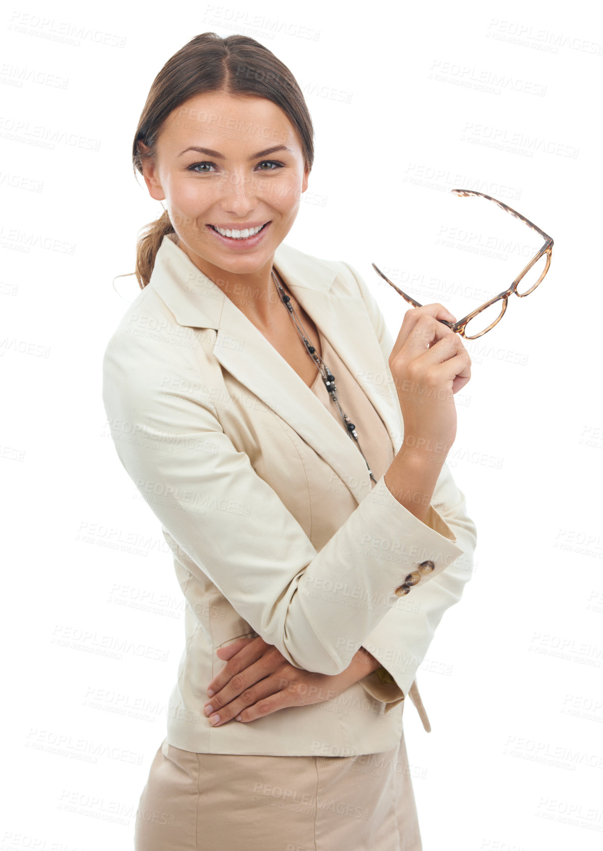 Buy stock photo Portrait, business and woman with glasses, happy and confident girl isolated on white studio background. Person, employee and worker with eyewear, positive and professional with startup or consultant