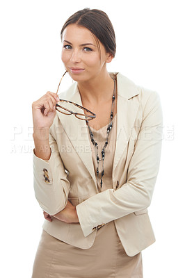 Buy stock photo Glasses, confidence and portrait of business woman on white background with ideas, ambition and thinking. Professional, corporate and isolated worker for pride, wondering and brainstorming in studio
