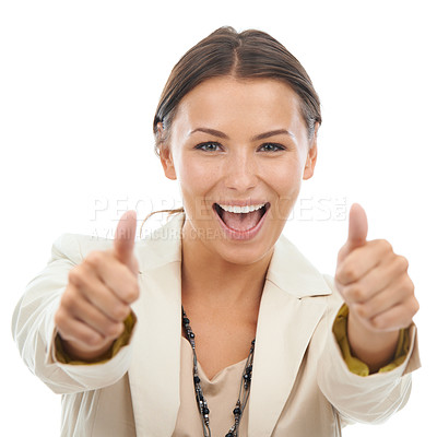 Buy stock photo Happy woman, portrait and thumbs up for success, thank you or business on a white studio background. Face of young female person or employee smile with like emoji, yes sign or OK for great winning