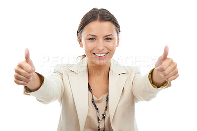 Buy stock photo Happy woman, portrait and thumbs up for thank you, business or success on a white studio background. Face of young female person or employee smile with like emoji, yes sign or OK for great winning