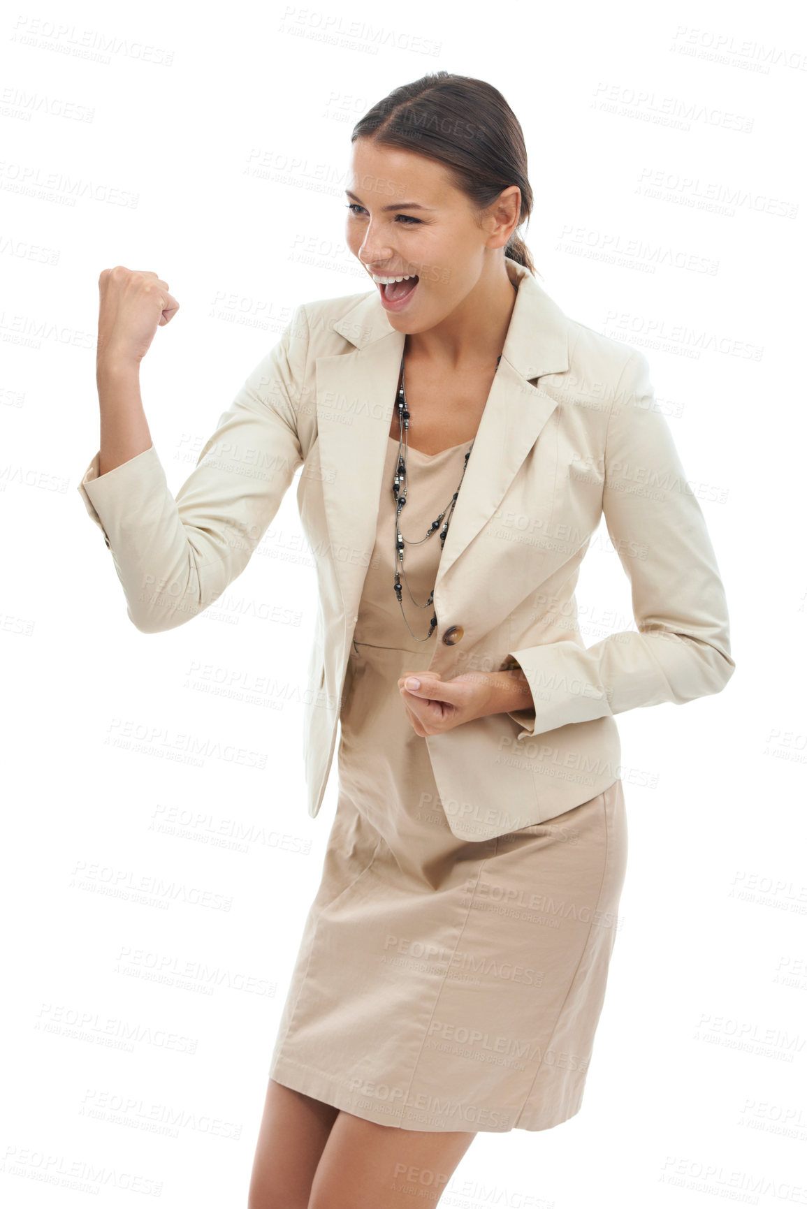 Buy stock photo Excited woman, celebration and fist pump in winning, bonus or promotion on a white studio background. Happy young female person or business employee in joy for deal offer, promo or special increase