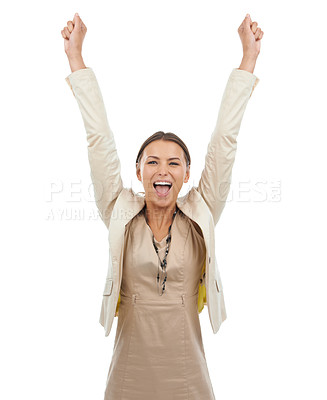 Buy stock photo Happy woman, celebration and fist pump in winning, bonus or promotion on a white studio background. Excited young female person or business employee in joy for deal offer, promo or special increase