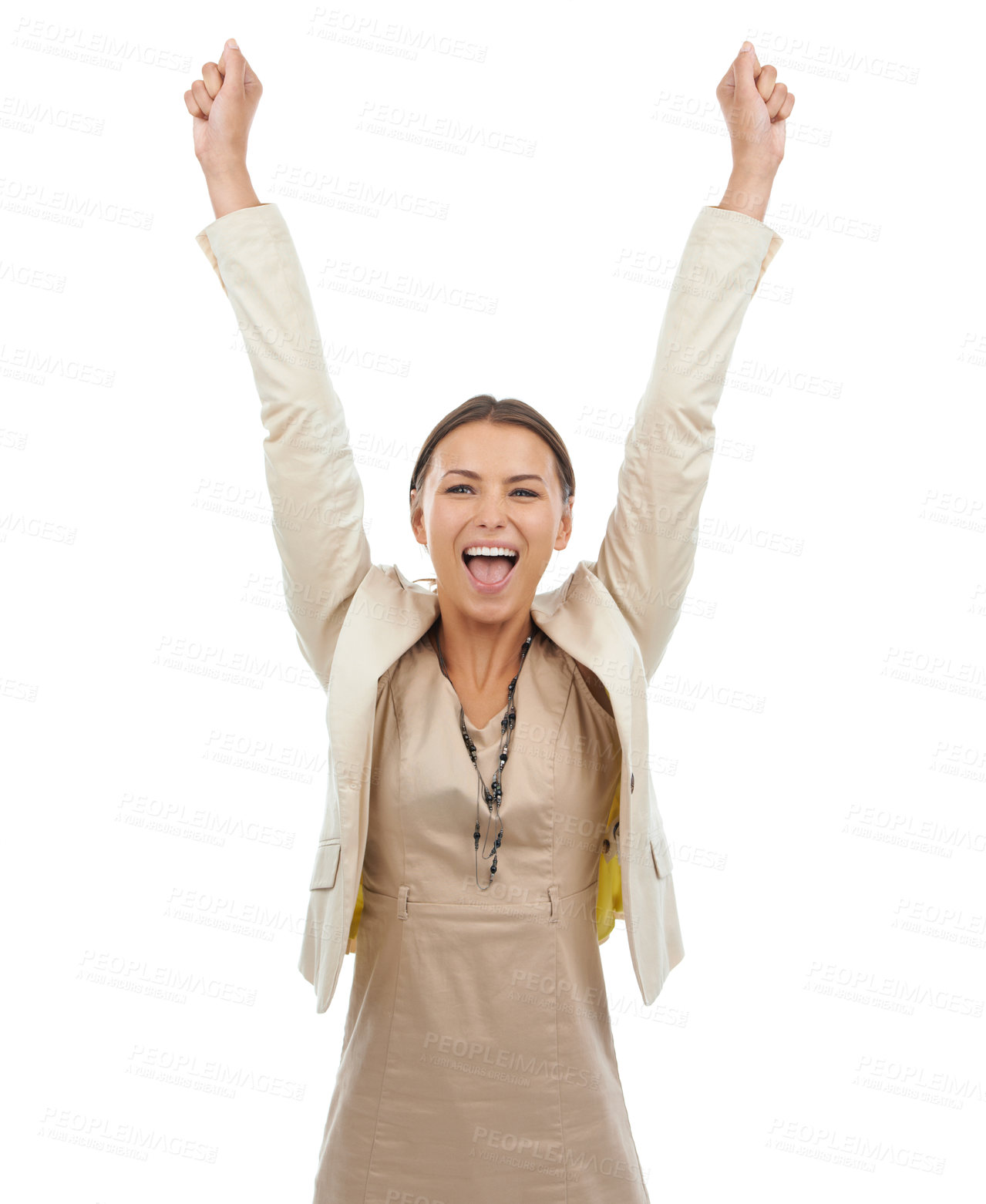 Buy stock photo Happy woman, celebration and fist pump in winning, bonus or promotion on a white studio background. Excited young female person or business employee in joy for deal offer, promo or special increase