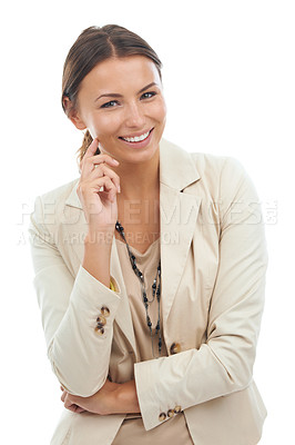 Buy stock photo Happy woman, portrait and of business lawyer with idea or solution on a white studio background. Face of female person, Brazilian or employee with smile in confidence for company or career on mockup