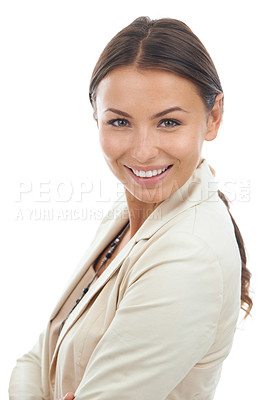 Buy stock photo Business, corporate and portrait of woman on a white background with pride, confidence and ambition. Professional, crossed arms and face of isolated worker for career, job and opportunity in studio 