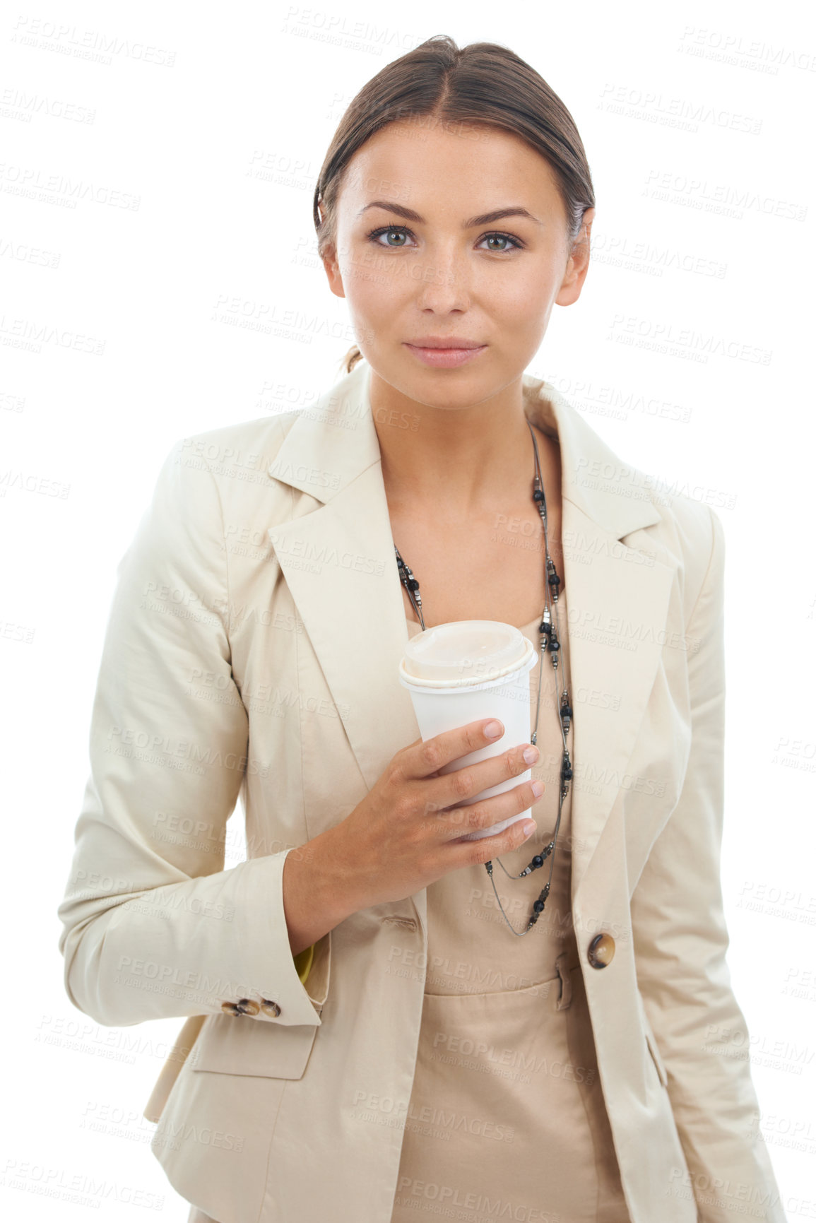 Buy stock photo Businesswoman, portrait and coffee in studio for corporate routine, professional or white background. Female person, face and morning caffeine takeaway or mockup for company confidence or employee