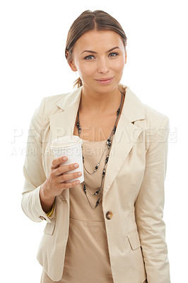 Buy stock photo Businesswoman, portrait and coffee in studio for management routine, professional or white background. Female person, face and morning caffeine takeaway or mockup for company, confidence or employee