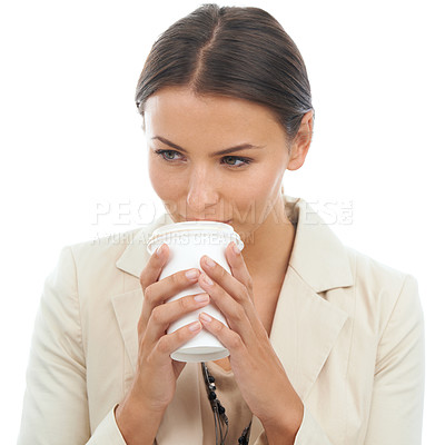 Buy stock photo Businesswoman, drink and coffee takeaway in studio for corporate routine, professional or white background. Female person, sip and morning caffeine cup or mockup for company, confidence or career