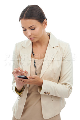 Buy stock photo Business, woman and smartphone with connection, typing and employee isolated on white studio background. Person, worker and consultant with cellphone, online news or network with digital app or chat