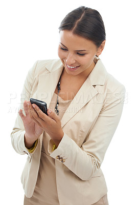 Buy stock photo Happy business woman with phone in studio for networking, social media or reading email. Internet connection, scroll on smartphone and digital app for online consultant on white background with smile