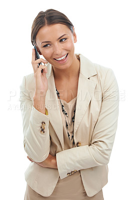 Buy stock photo Happy business woman with phone call in studio for networking, web connection or negotiation. Conversation, smartphone and mobile app for online consultant on white background with lead generation