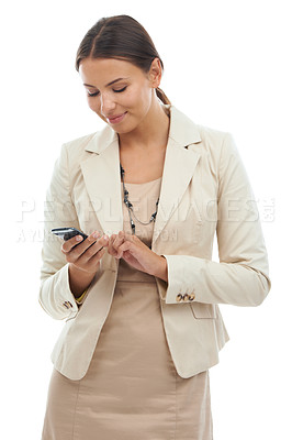 Buy stock photo Business, woman or cellphone with connection, typing or worker isolated on white studio background. Person, investor or accountant with smartphone, online reading or network with digital app for news