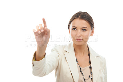 Buy stock photo Woman, touch and digital interface with hand in studio for future corporate management, mockup space or white background. Female person, finger gesture and press button, information or technology