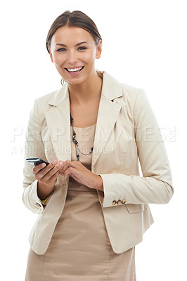 Buy stock photo Portrait of business woman with phone in studio for networking, social media or email for communication. Internet connection, smartphone or digital app for happy online consultant on white background