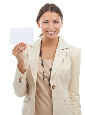 Buy stock photo Happy woman, portrait and showing business card in marketing or advertising on a white studio background. Young female person or employee smile with poster, empty sign or blank paper for mockup space